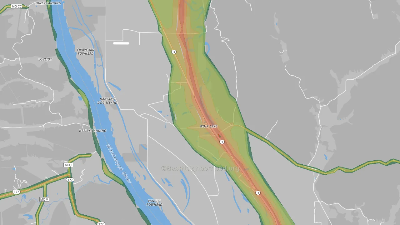 Wolf Lake, IL Map of Noise Levels in Wolf Lake