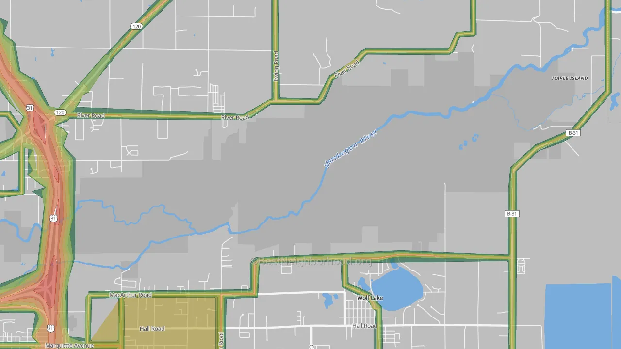 Wolf Lake, MI Map of Noise Levels in Wolf Lake