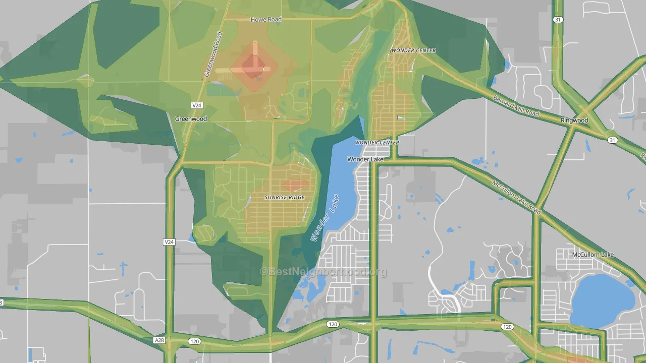 Wonder Lake, IL Map of Noise Levels in Wonder Lake