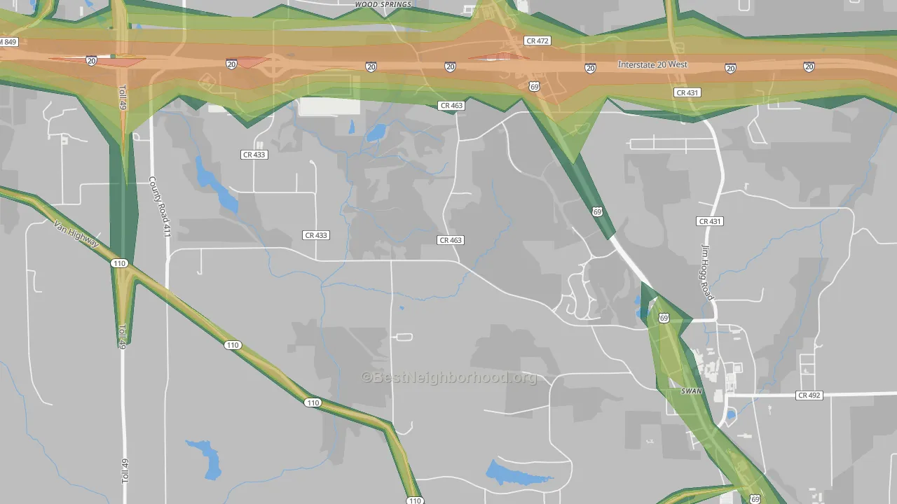Wood Springs, TX Map of Noise Levels in Wood Springs