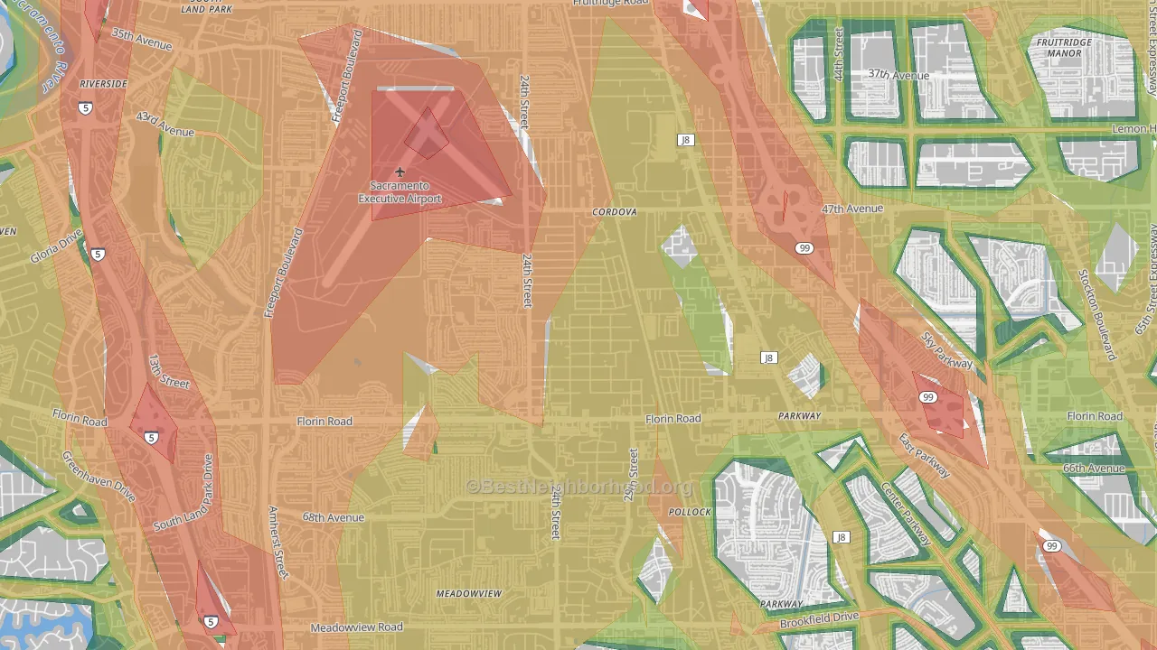 Woodbine, Sacramento, CA Map of Noise Levels in Woodbine