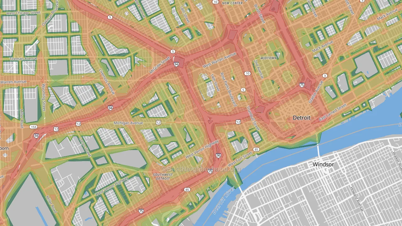 Woodbridge, Detroit, MI Map of Noise Levels in Woodbridge
