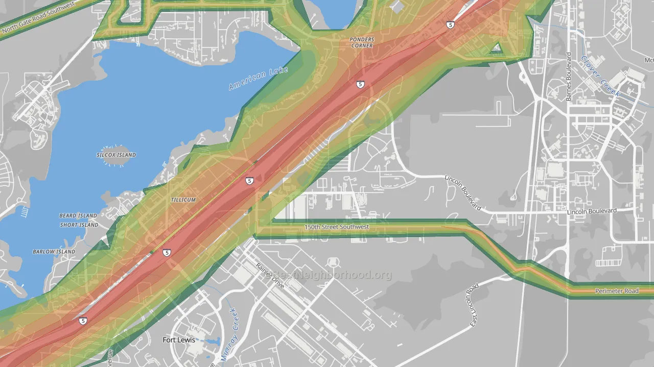 Woodbrook, Lakewood, WA Map of Noise Levels in Woodbrook
