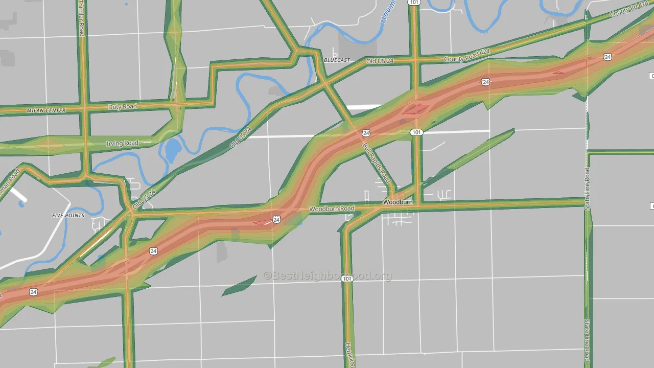 Woodburn, IN Map of Noise Levels in Woodburn