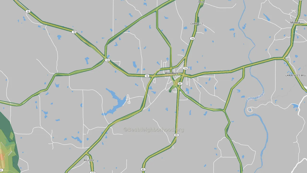 Woodbury, GA Map of Noise Levels in Woodbury