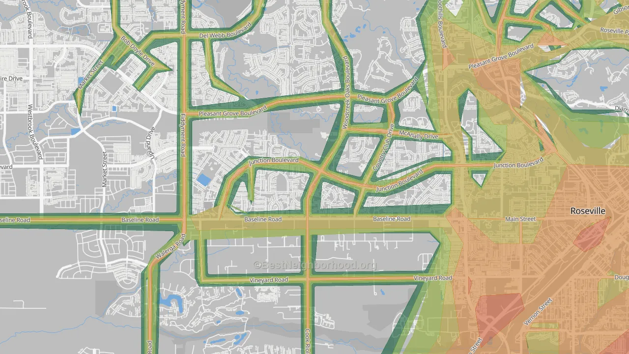 Woodcreek Oaks, Roseville, CA Map of Noise Levels in Woodcreek Oaks