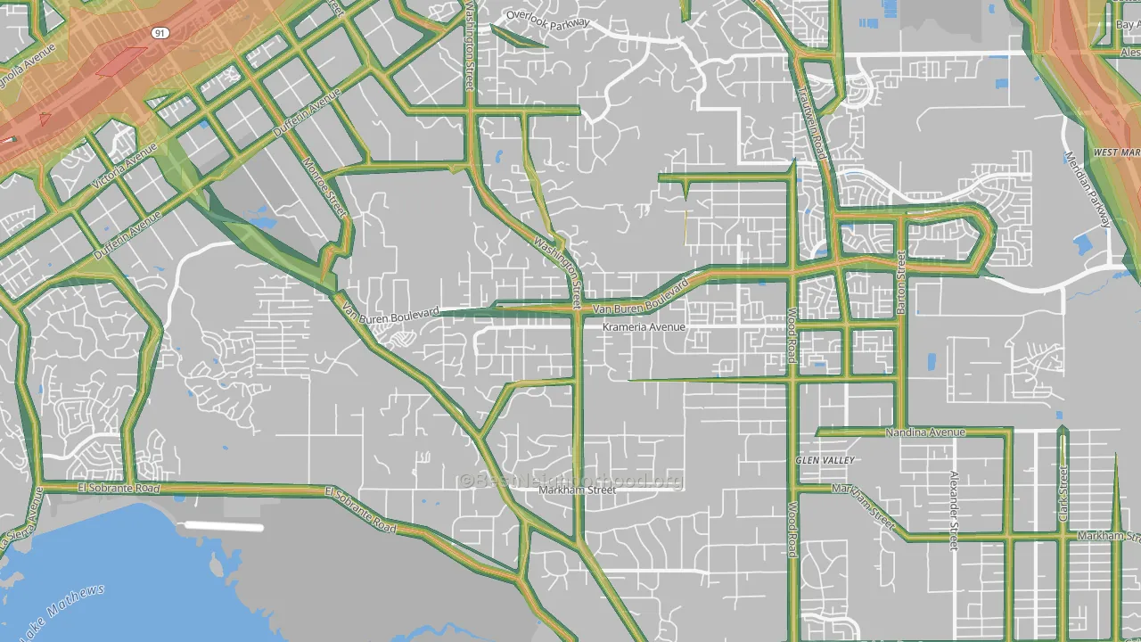 Woodcrest, CA Map of Noise Levels in Woodcrest