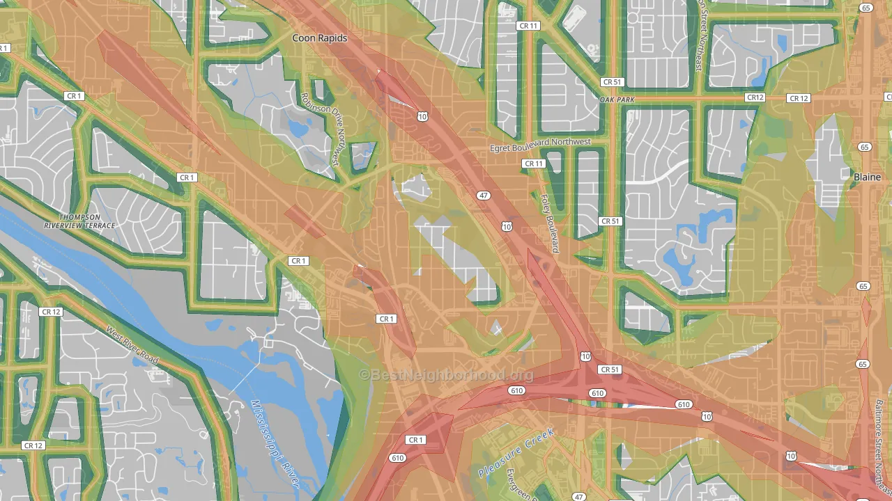 Woodcrest, Coon Rapids, MN Map of Noise Levels in Woodcrest