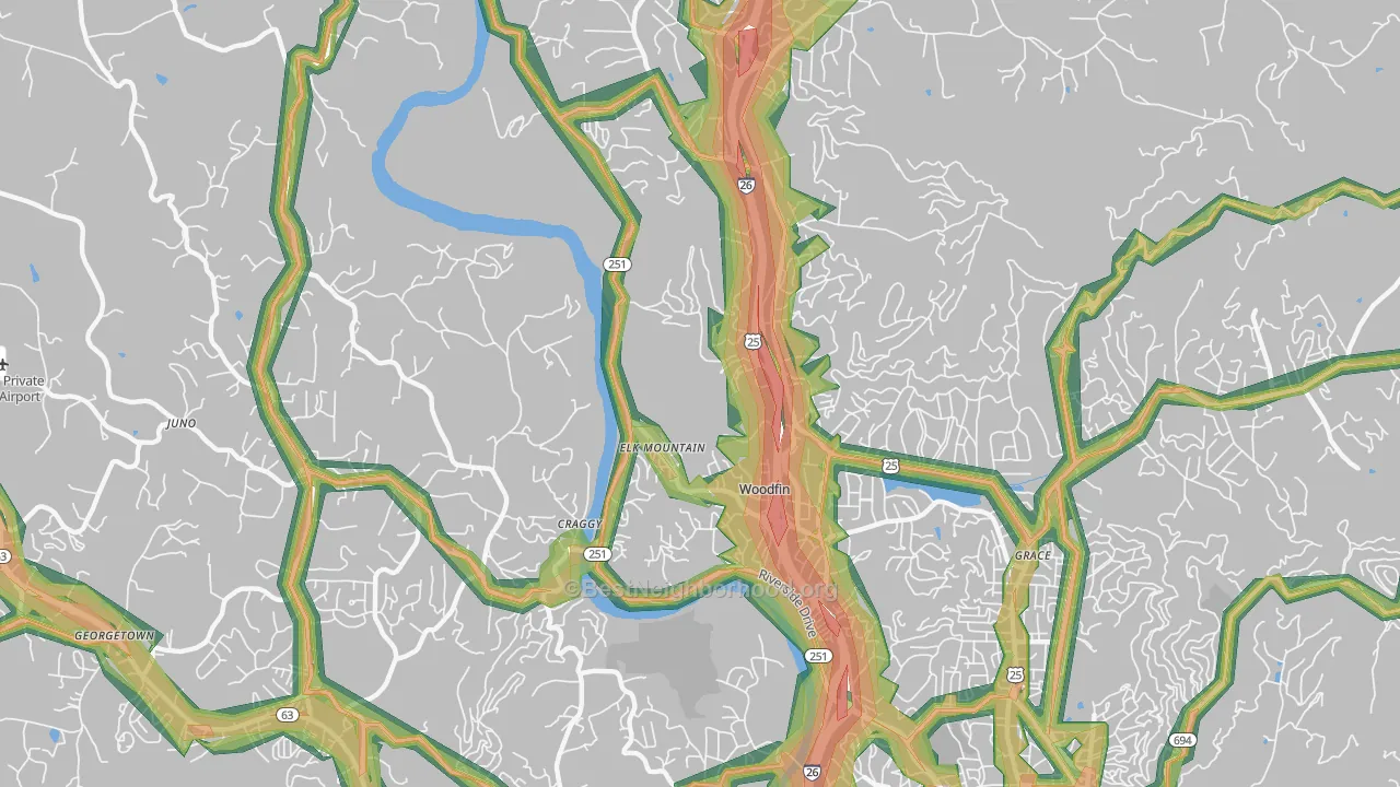 Woodfin, NC Map of Noise Levels in Woodfin