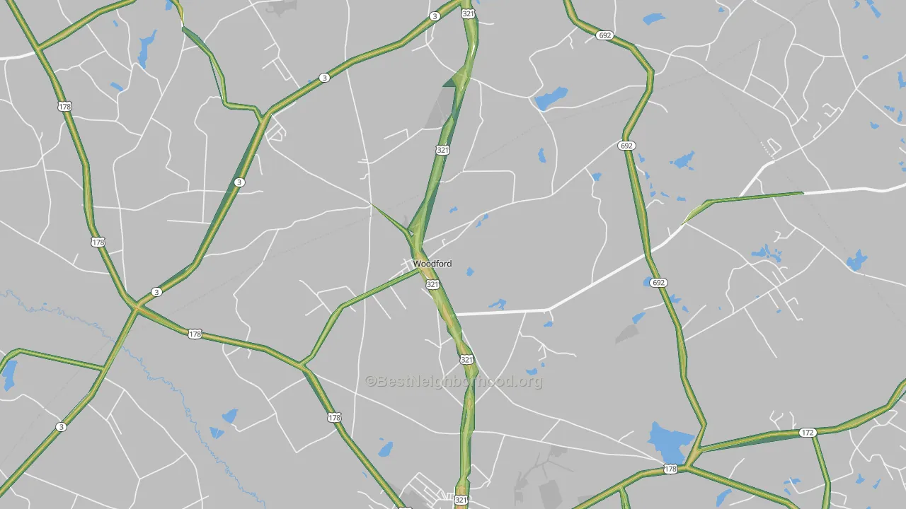Woodford, SC Map of Noise Levels in Woodford