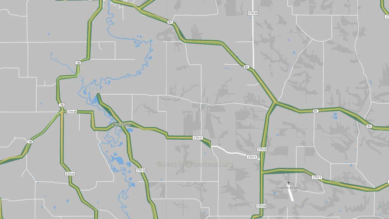 Woodford, WI Map of Noise Levels in Woodford