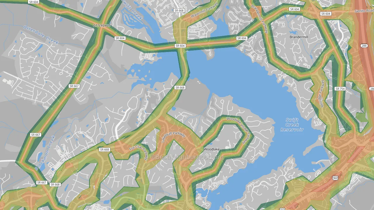 Woodlake, VA Map of Noise Levels in Woodlake
