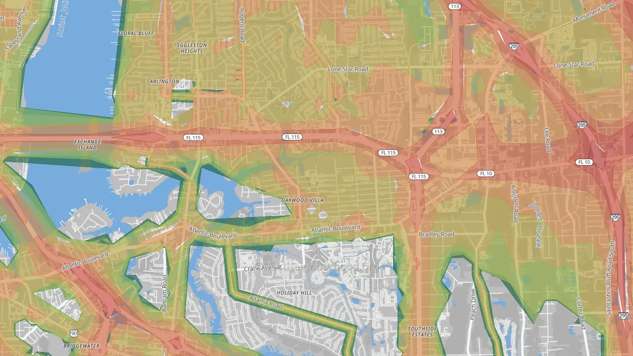 Woodland Acres, Jacksonville, FL Map of Noise Levels in Woodland Acres