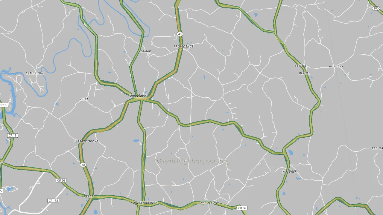 Woodland, AL Map of Noise Levels in Woodland