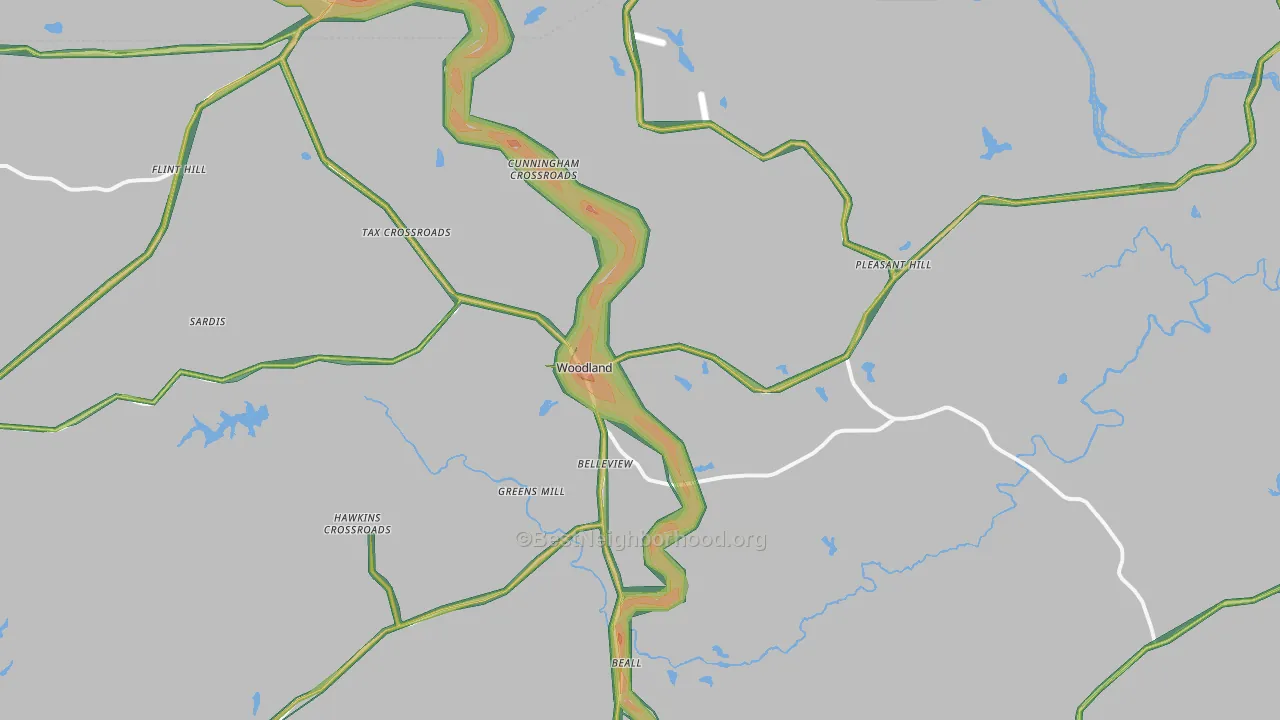 Woodland, GA Map of Noise Levels in Woodland