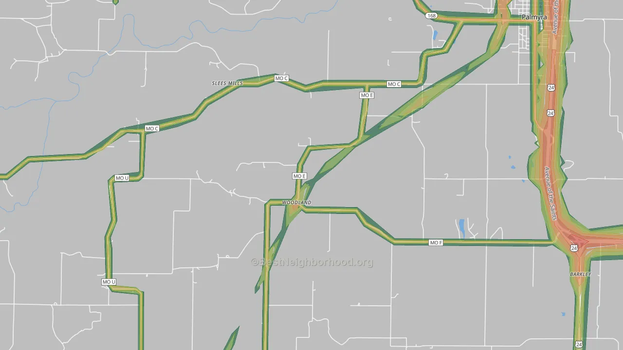 Woodland, MO Map of Noise Levels in Woodland