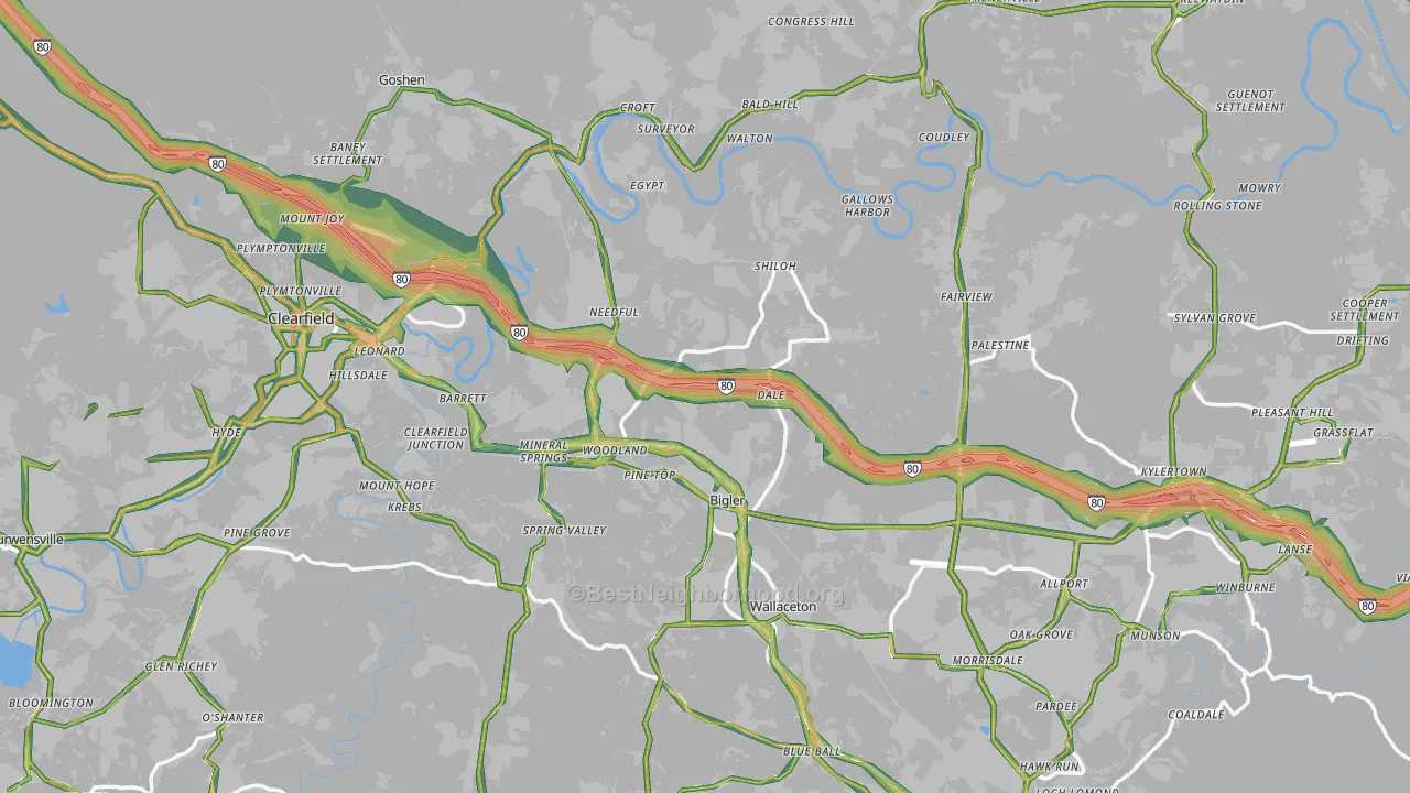 Woodland, PA Map of Noise Levels in Woodland