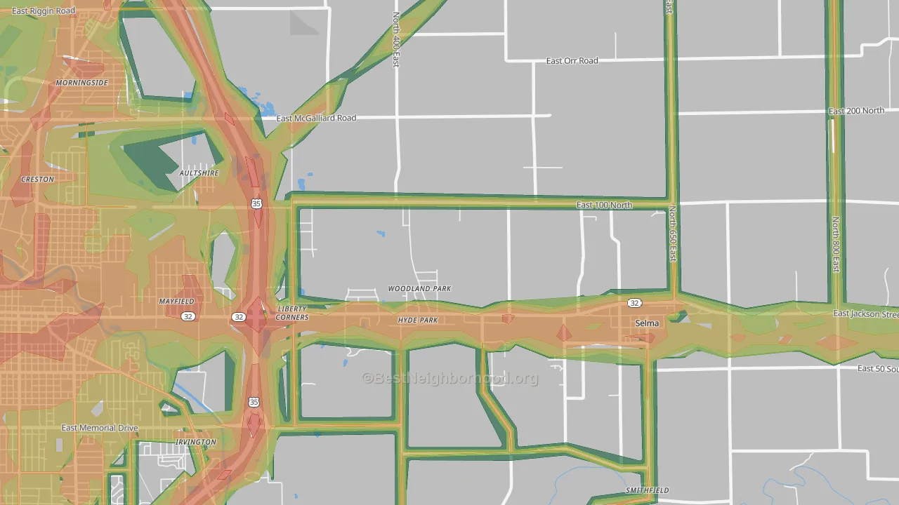 Woodland Park, IN Map of Noise Levels in Woodland Park