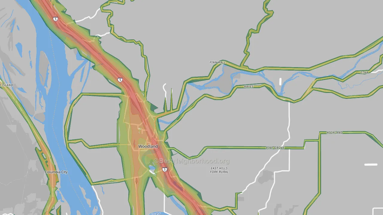 Woodland, WA Map of Noise Levels in Woodland