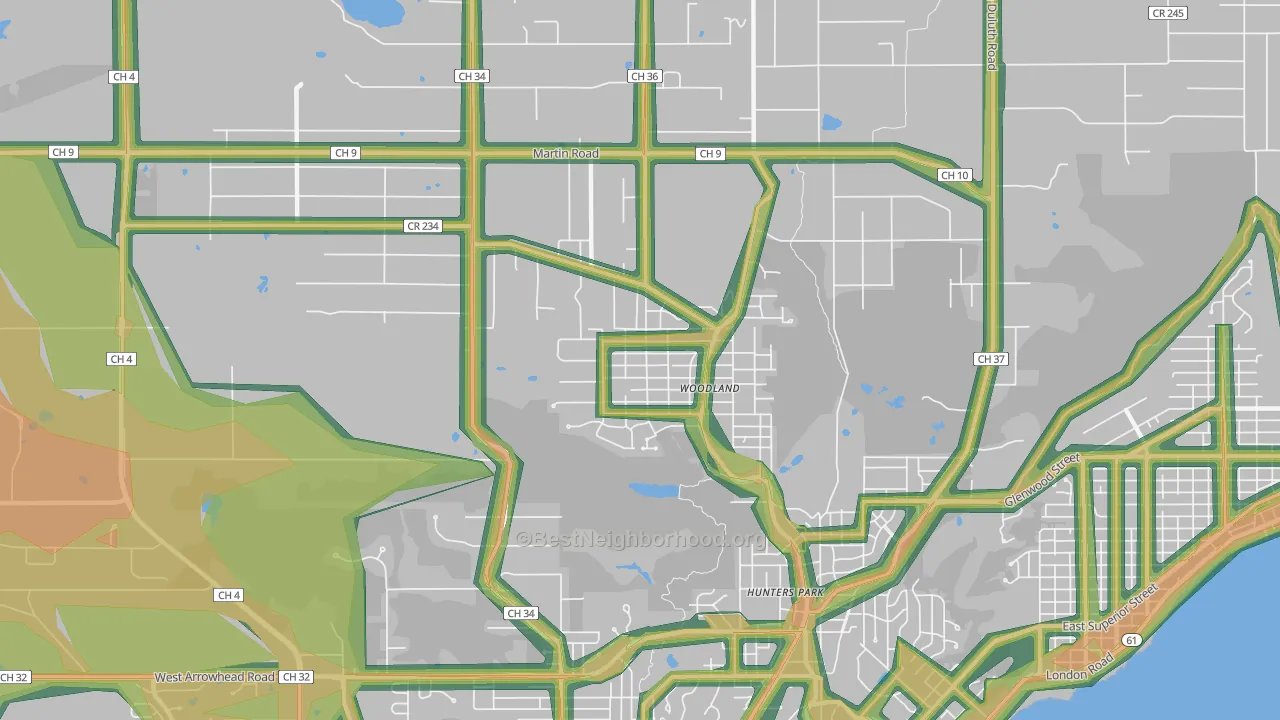 Woodlands-Pleasantview, Duluth, MN Map of Noise Levels in Woodlands-Pleasantview