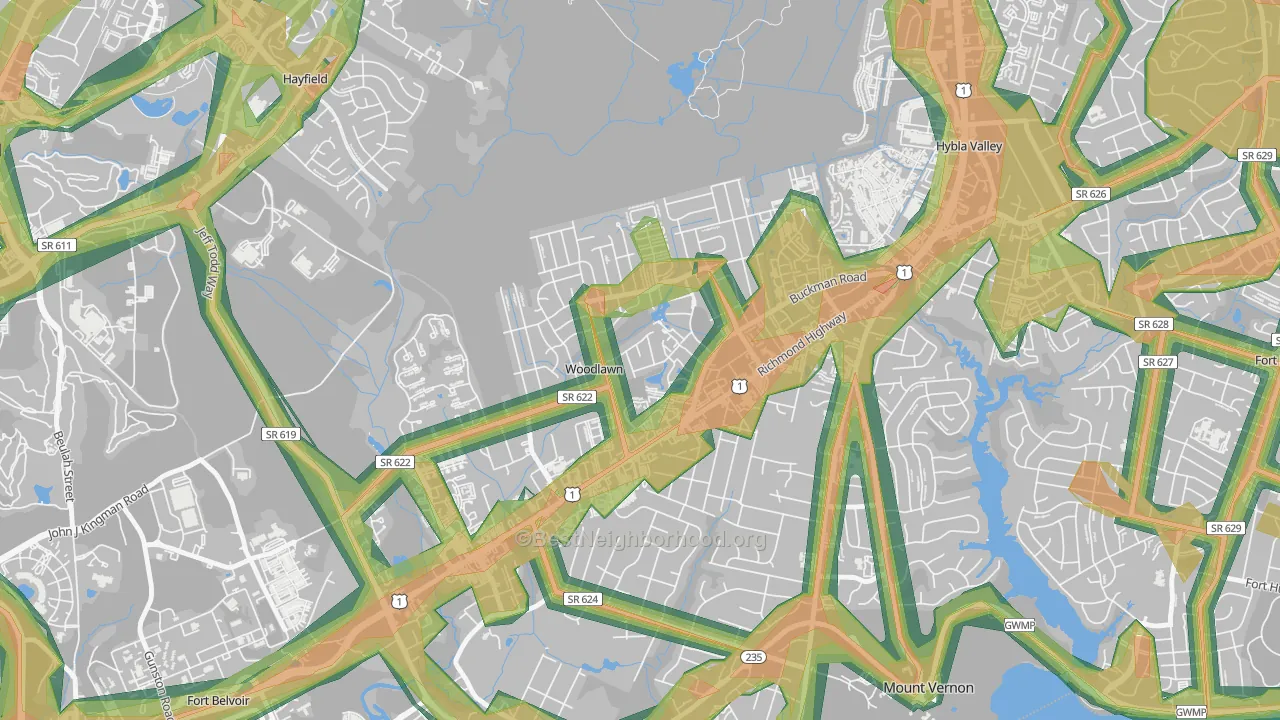 Woodlawn, Alexandria, VA Map of Noise Levels in Woodlawn