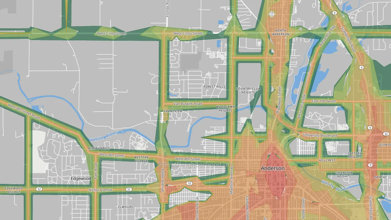 Woodlawn Heights, IN Map of Noise Levels in Woodlawn Heights