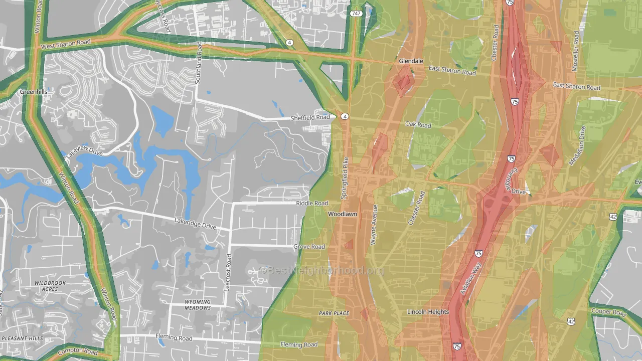 Woodlawn, OH Map of Noise Levels in Woodlawn