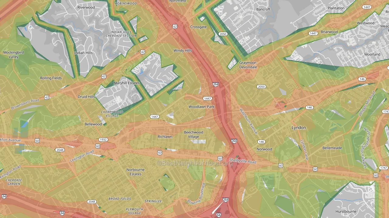 Woodlawn Park, KY Map of Noise Levels in Woodlawn Park