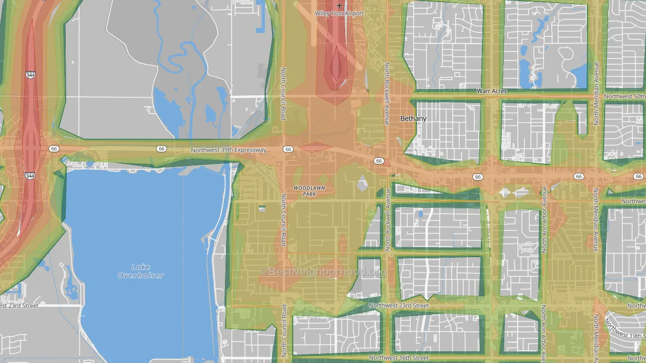 Woodlawn Park, OK Map of Noise Levels in Woodlawn Park