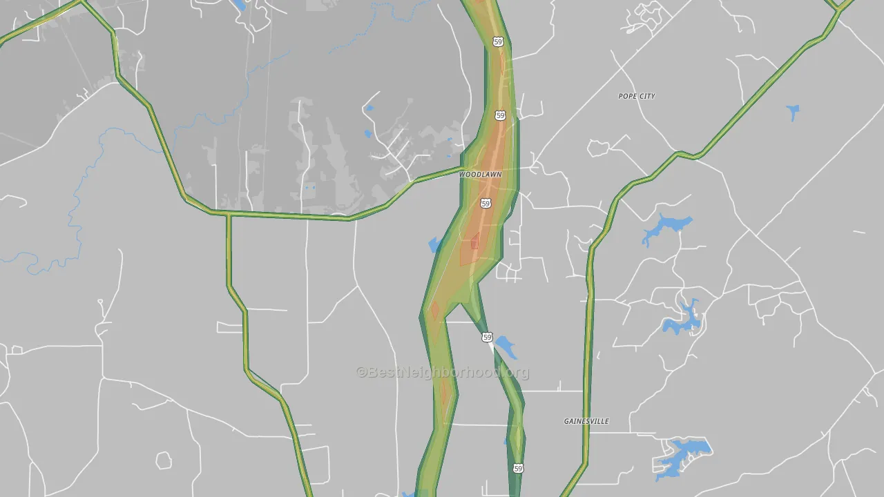 Woodlawn, TX Map of Noise Levels in Woodlawn