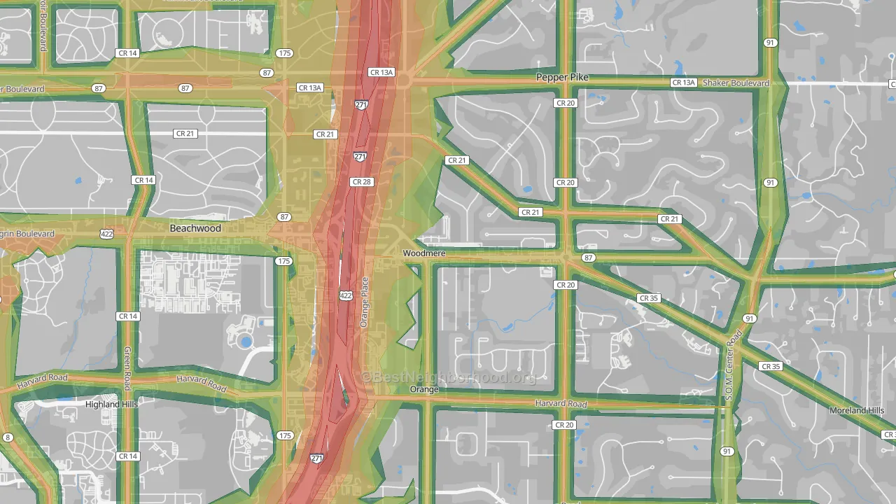 Woodmere, OH Map of Noise Levels in Woodmere