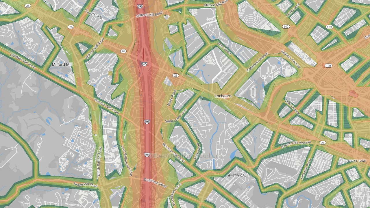 Woodmoor, Lochearn, MD Map of Noise Levels in Woodmoor