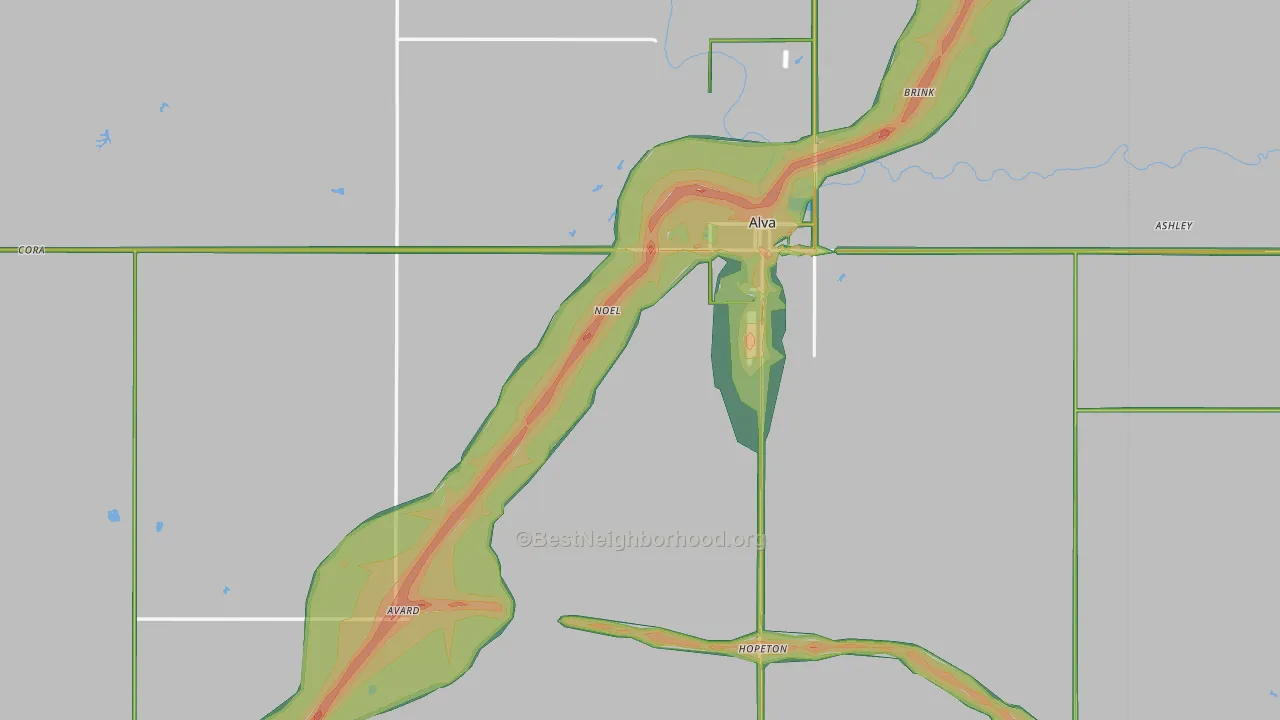 Woods County, OK Map of Noise Levels in Woods County