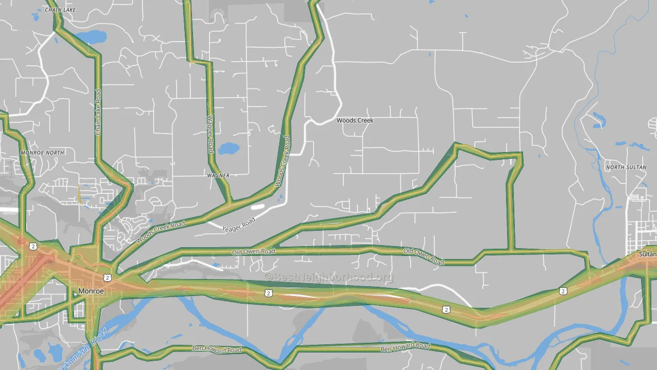 Woods Creek, WA Map of Noise Levels in Woods Creek