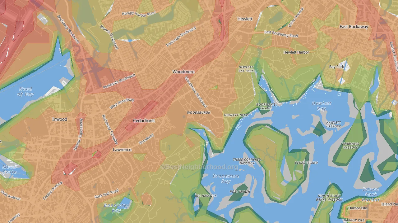 Woodsburgh, NY Map of Noise Levels in Woodsburgh