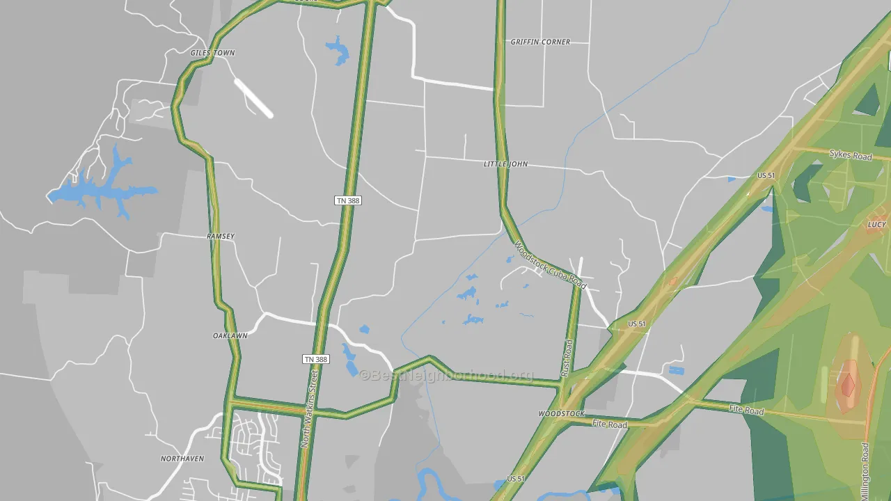 Woodstock, TN Map of Noise Levels in Woodstock