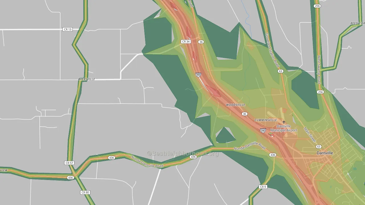 Woodsville, NY Map of Noise Levels in Woodsville