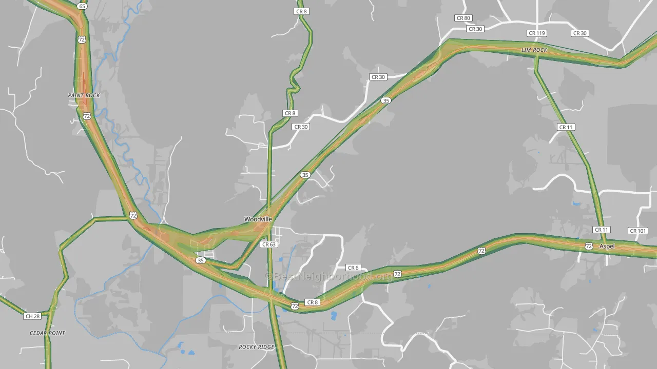 Woodville, AL Map of Noise Levels in Woodville