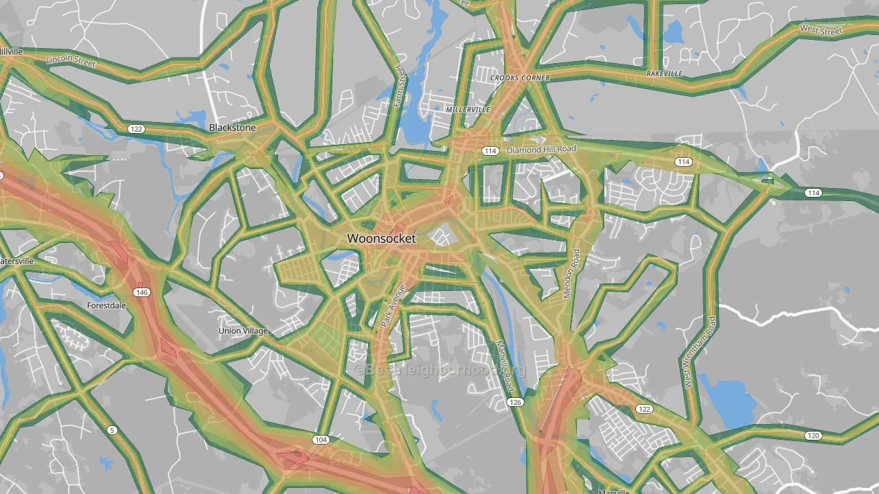 Woonsocket, RI Map of Noise Levels in Woonsocket