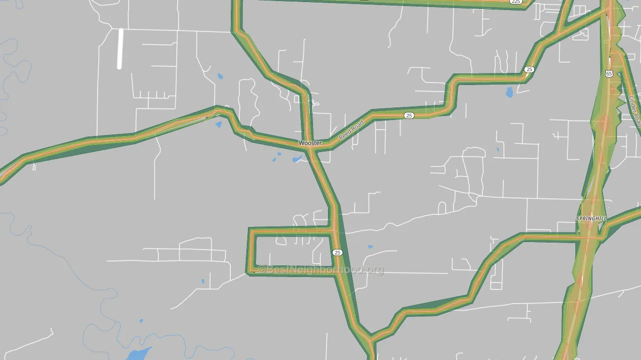 Wooster, AR Map of Noise Levels in Wooster