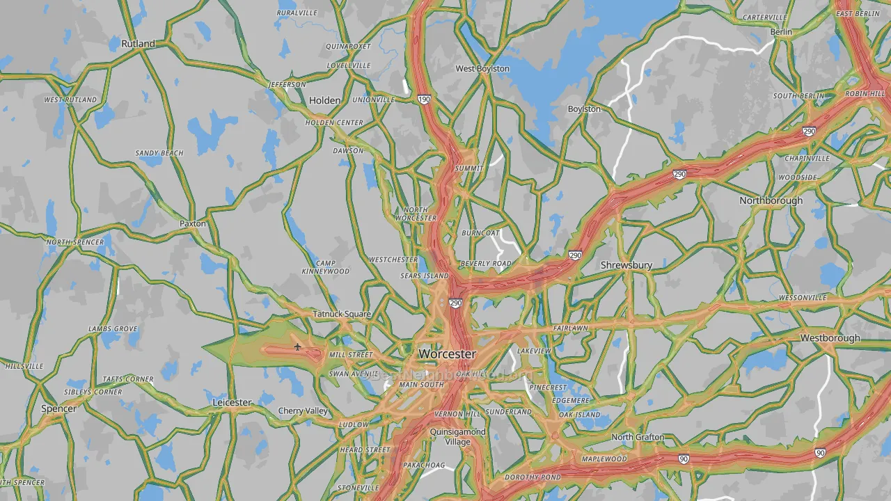 Worcester County, MA Map of Noise Levels in Worcester County