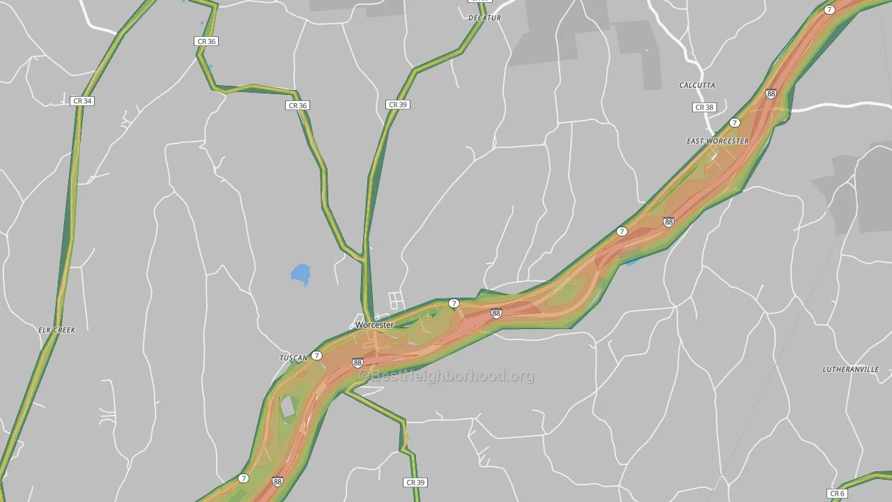 Worcester, NY Map of Noise Levels in Worcester