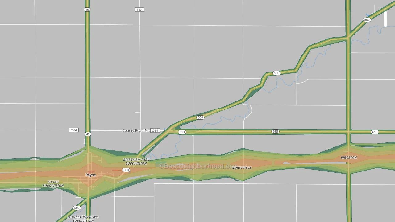 Worstville, OH Map of Noise Levels in Worstville