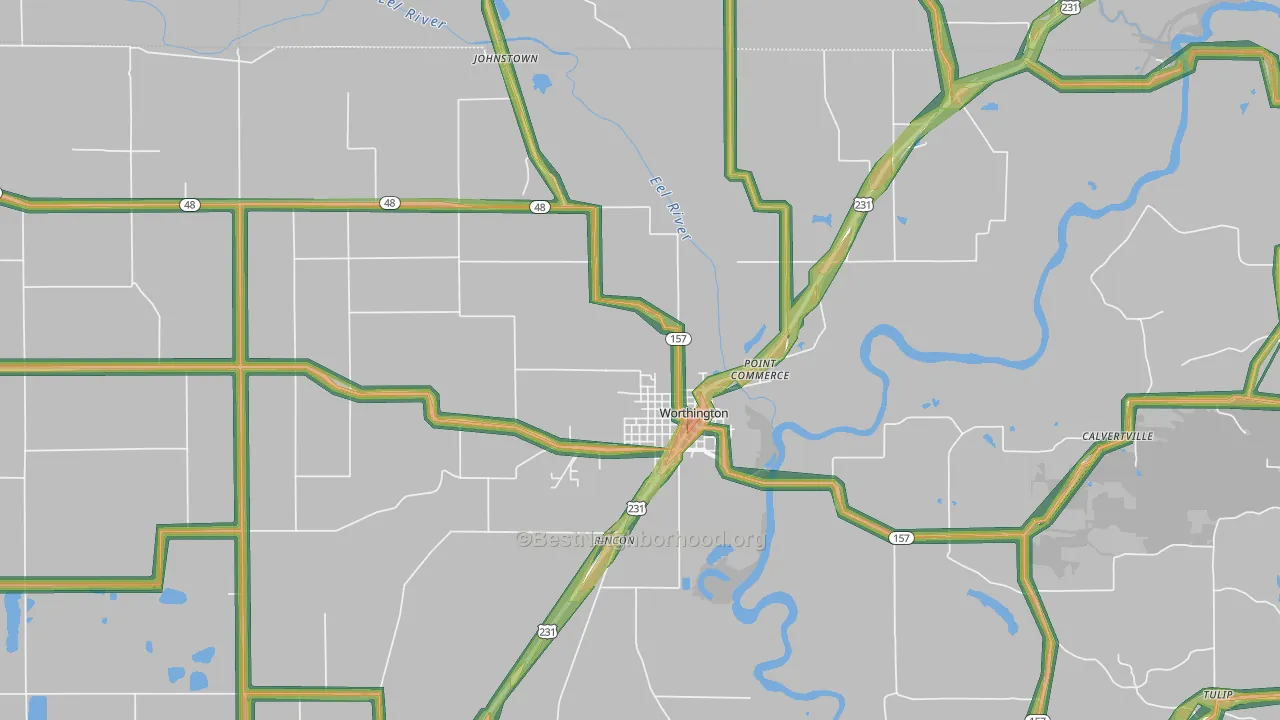 Worthington, IN Map of Noise Levels in Worthington