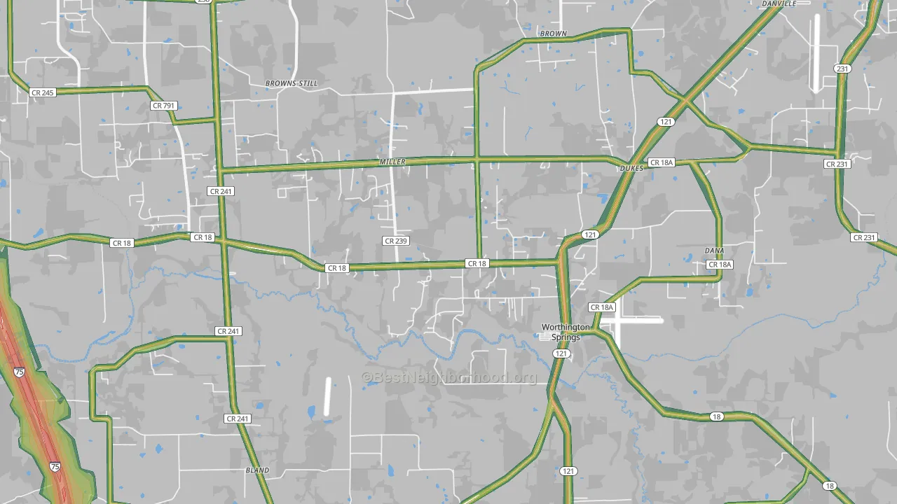 Worthington Springs, FL Map of Noise Levels in Worthington Springs