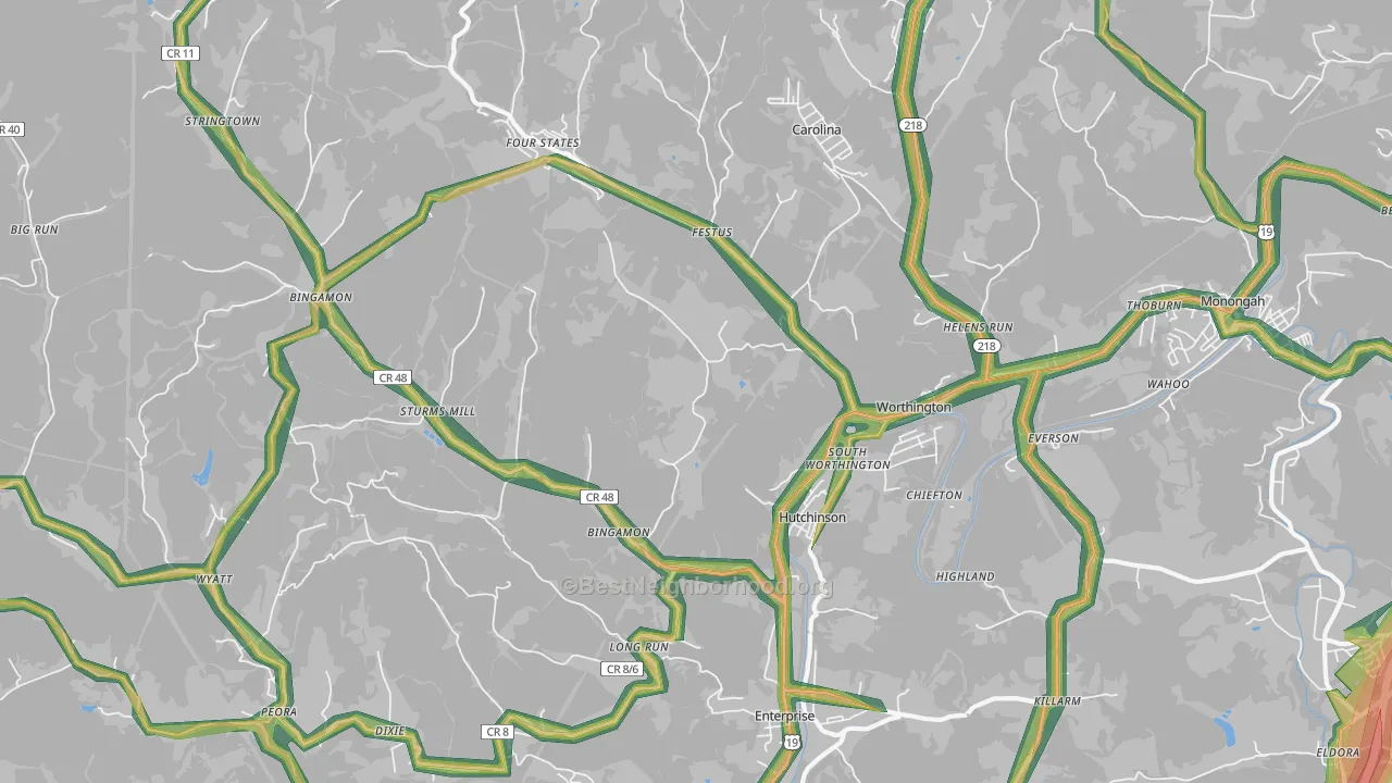 Worthington, WV Map of Noise Levels in Worthington