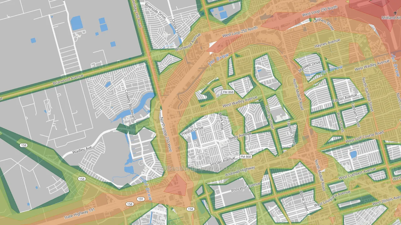 Wydewood Estates, Midland, TX Map of Noise Levels in Wydewood Estates