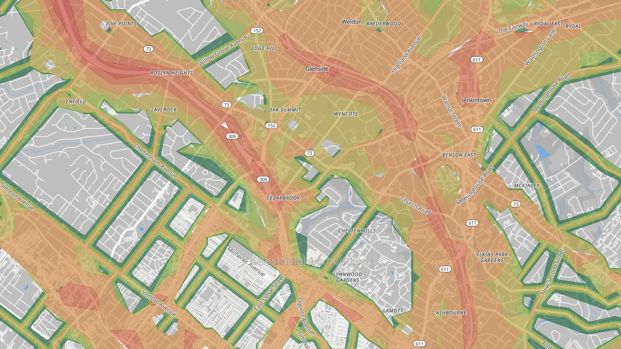 Wyncote, PA Map of Noise Levels in Wyncote