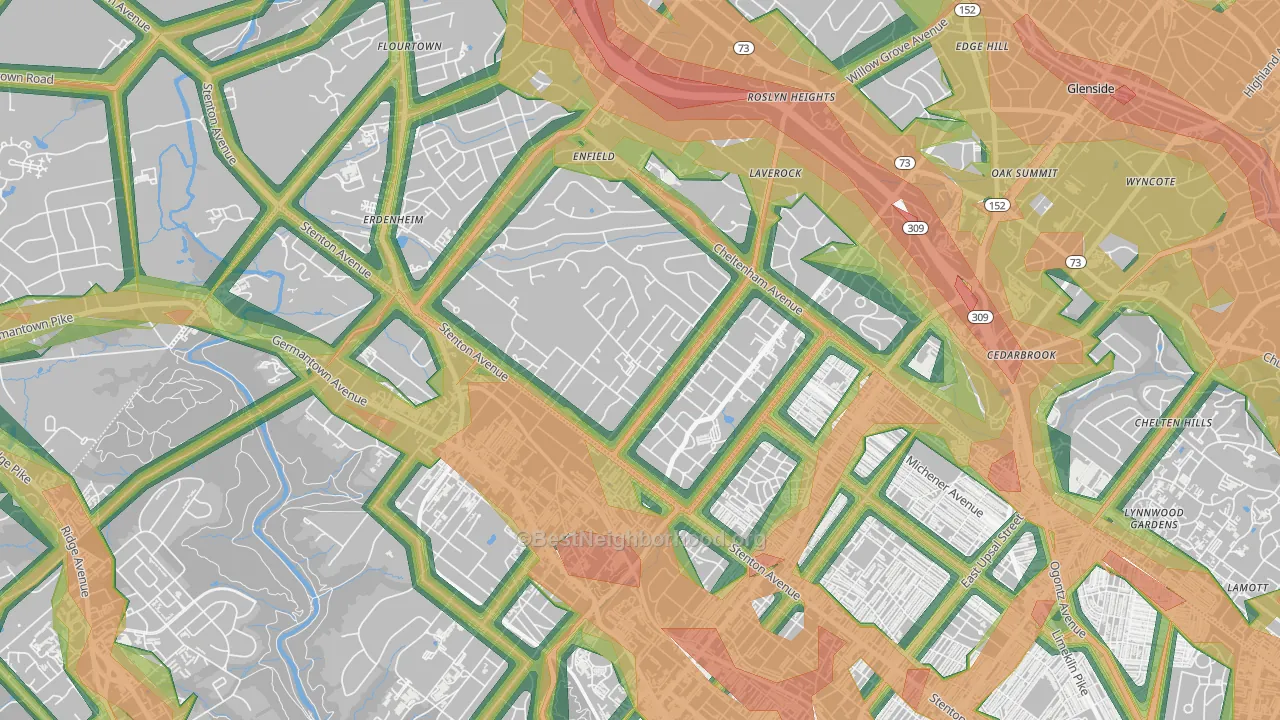 Wyndmoor, Glenside, PA Map of Noise Levels in Wyndmoor