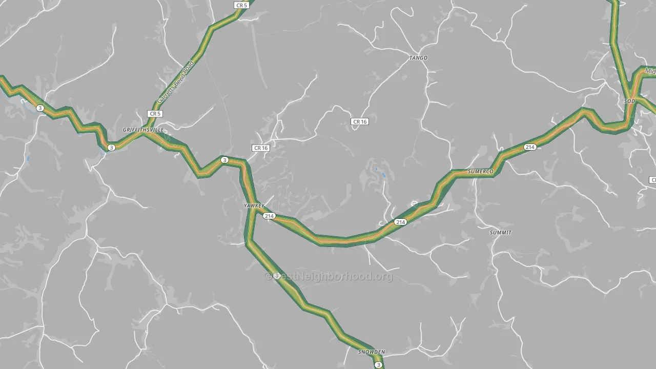 Yawkey, WV Map of Noise Levels in Yawkey
